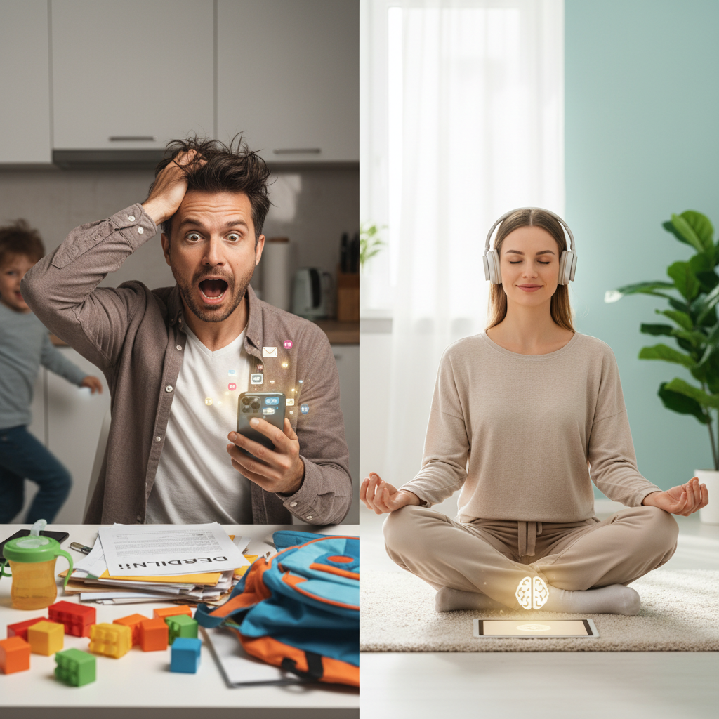 A friendly meditation coach or guide helping a person maintain focus with a gentle guiding voice, emphasizing the benefits of guided meditation for stress and anxiety relief.