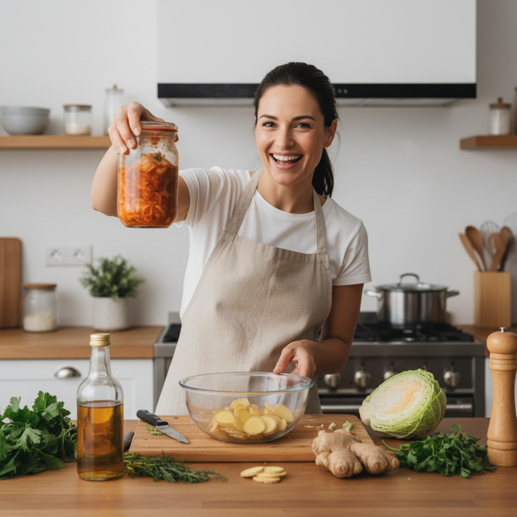 An appetizing spread of diverse gut-friendly foods including miso salmon bowl, homemade kimchi, sweet potato chickpea Buddha bowl, kefir smoothie bowl, and turmeric roasted cauliflower, emphasizing delicious and easy gut health recipes.