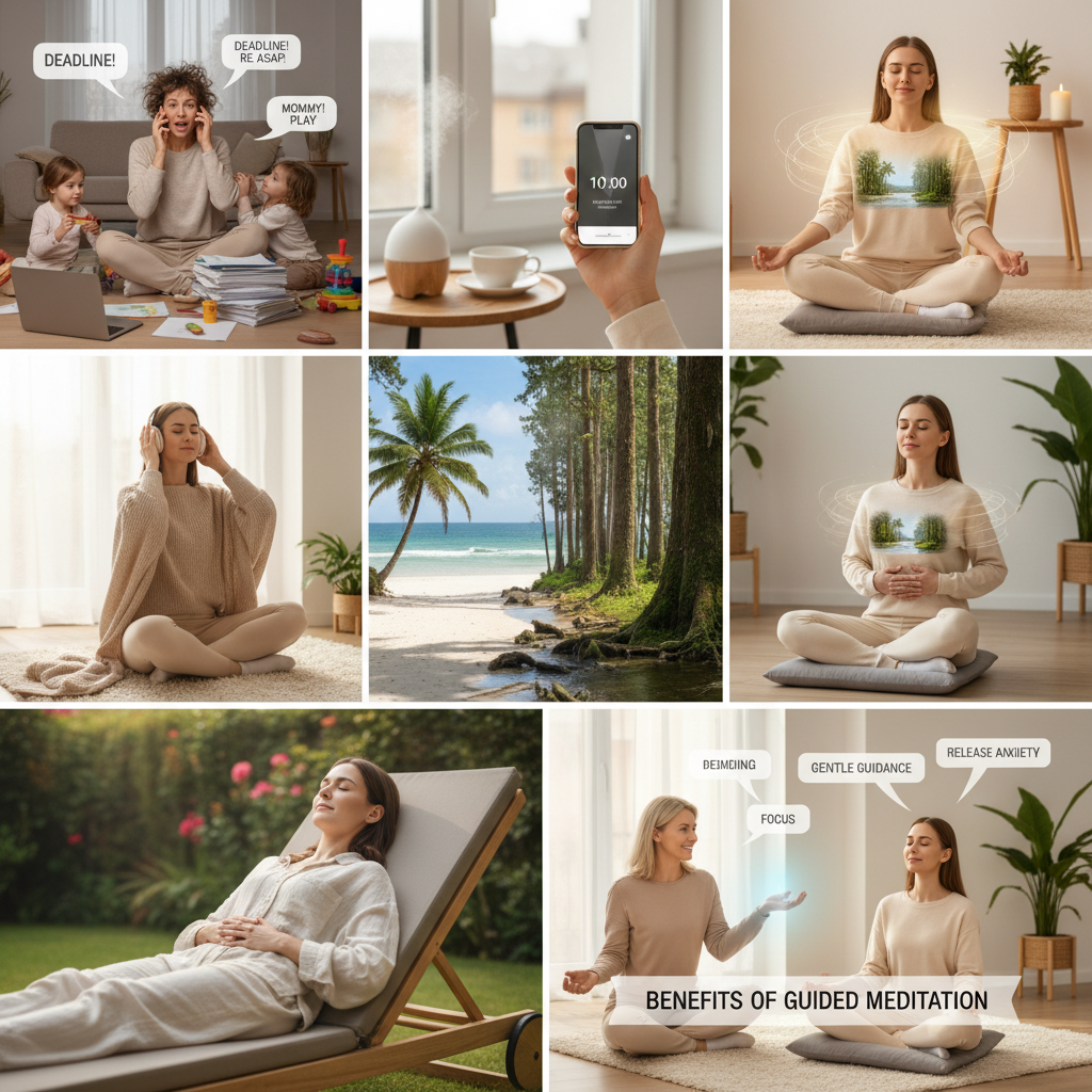 Step-by-step visual guide showing someone preparing for meditation: sitting in a cozy, quiet spot with headphones, setting a timer, and beginning deep breathing exercises.