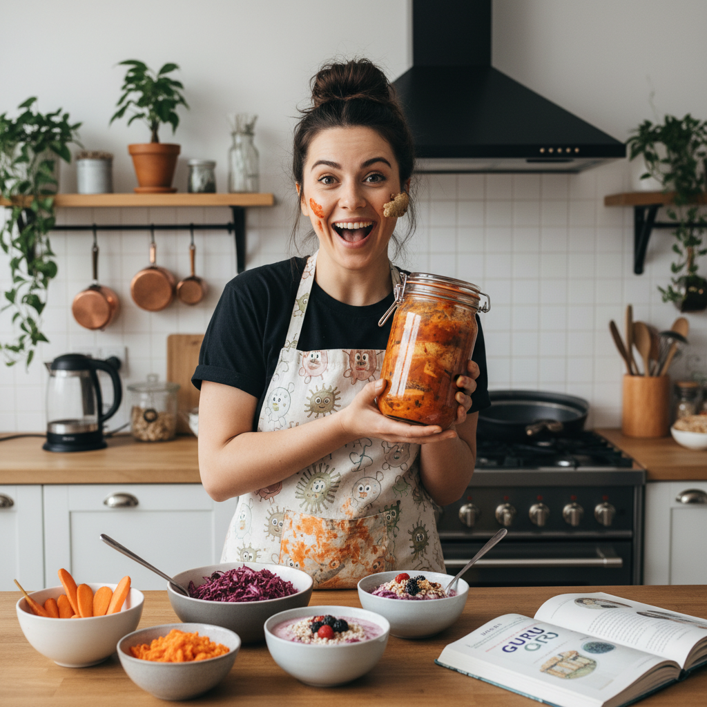 A vibrant and colorful illustration of the gut microbiome as a lively party scene, showing trillions of microbes interacting inside the human digestive system, symbolizing gut health and balance.