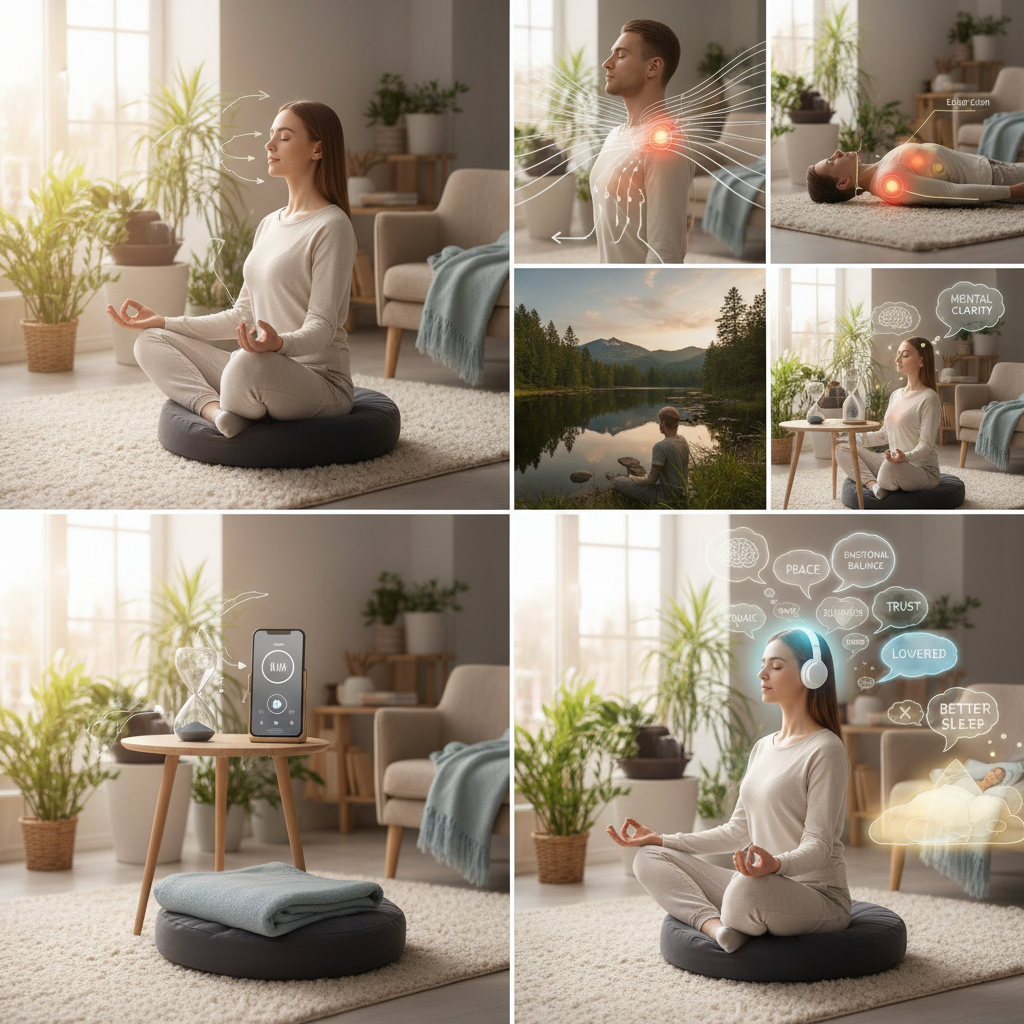 Illustration of a person sitting peacefully in a quiet, comfortable space meditating with a calm, serene expression, surrounded by soft light or nature elements to convey stress relief.