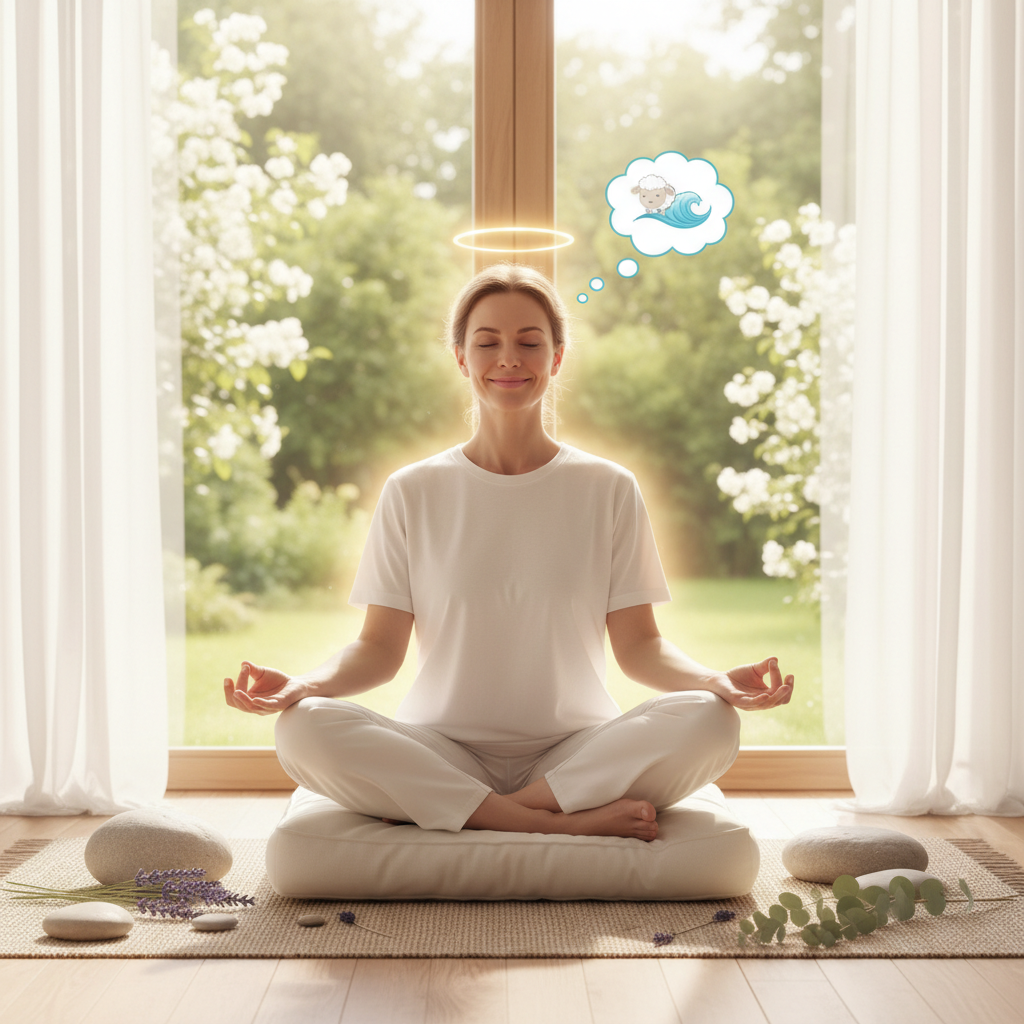 Step-by-step scene showing a meditation setup: a quiet room corner with a comfortable seat, a smartphone or device displaying a meditation app, a timer, and a person practicing meditation following instructions.