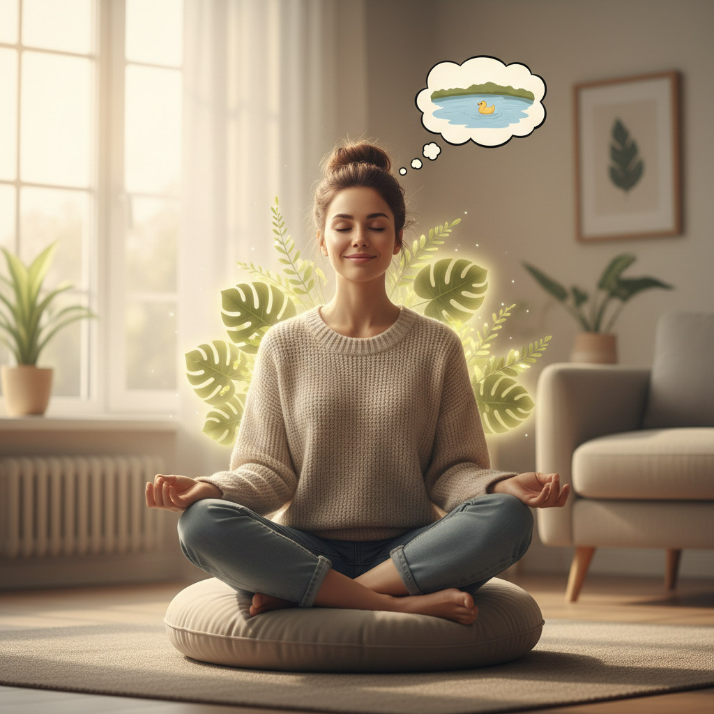Visual representation of different guided meditation techniques: a person focusing on breath, a body scan highlighting tension areas, a peaceful natural scene for guided imagery, and someone repeating a mantra with closed eyes.