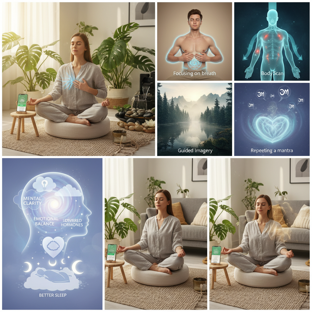 Conceptual image showing the benefits of guided meditation such as lowered stress hormones, better sleep, emotional balance, and mental clarity, represented by peaceful mind imagery, relaxed heart, and bright, clear thought bubbles.