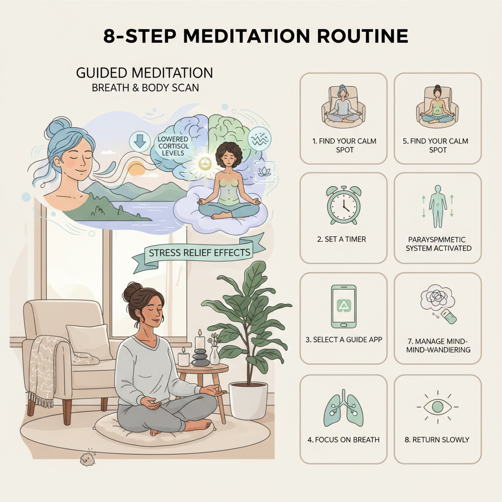 An illustrated concept of guided meditation showing a calm instructor's friendly voice guiding a person through breathing and body scan techniques, with visual elements like gentle sound waves or serene landscapes.