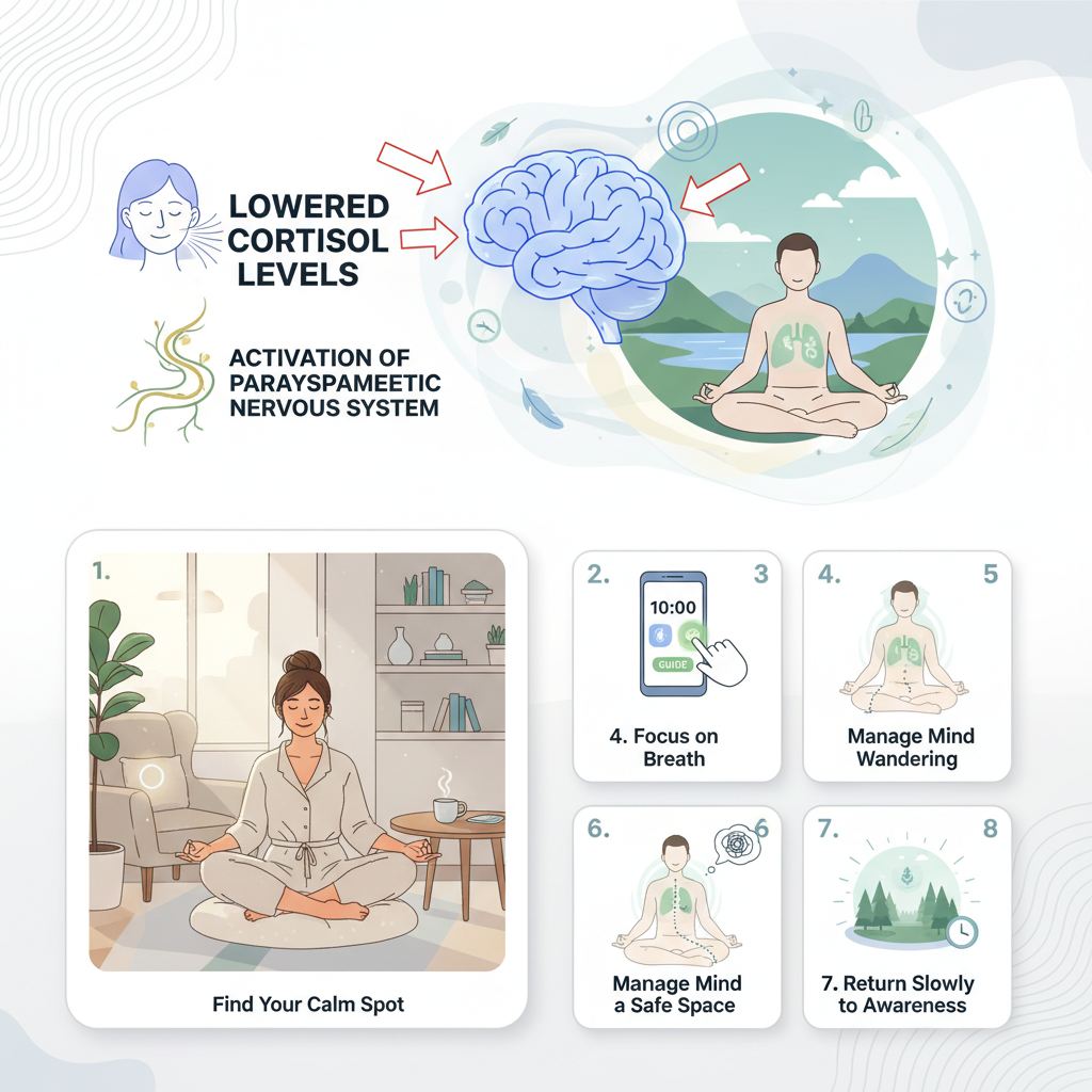 A person sitting peacefully in a calm and cozy corner at home, meditating with closed eyes, surrounded by soft lighting and minimal distractions.