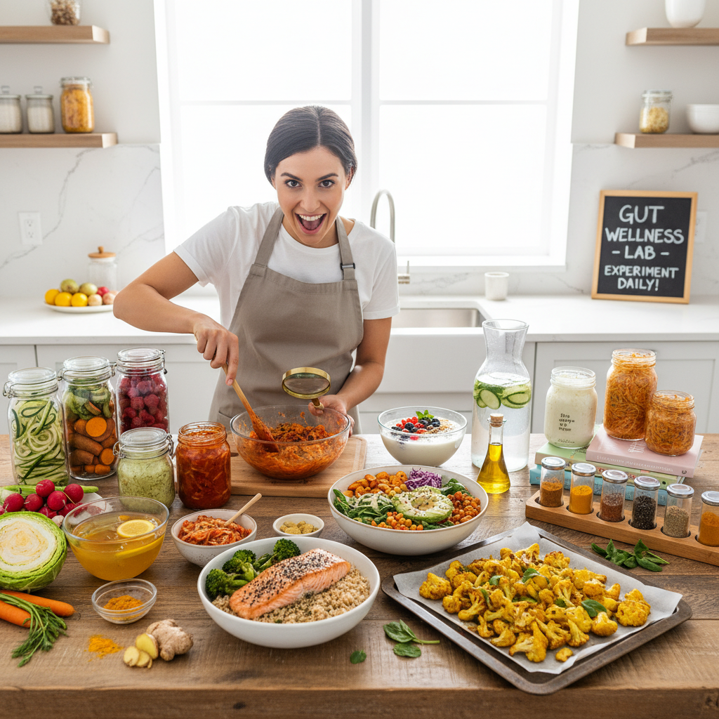 A bright and organized kitchen with fresh plant foods, jars of fermented foods, spices like turmeric and ginger, water, and recipe books, illustrating tips for turning your kitchen into a gut wellness lab.