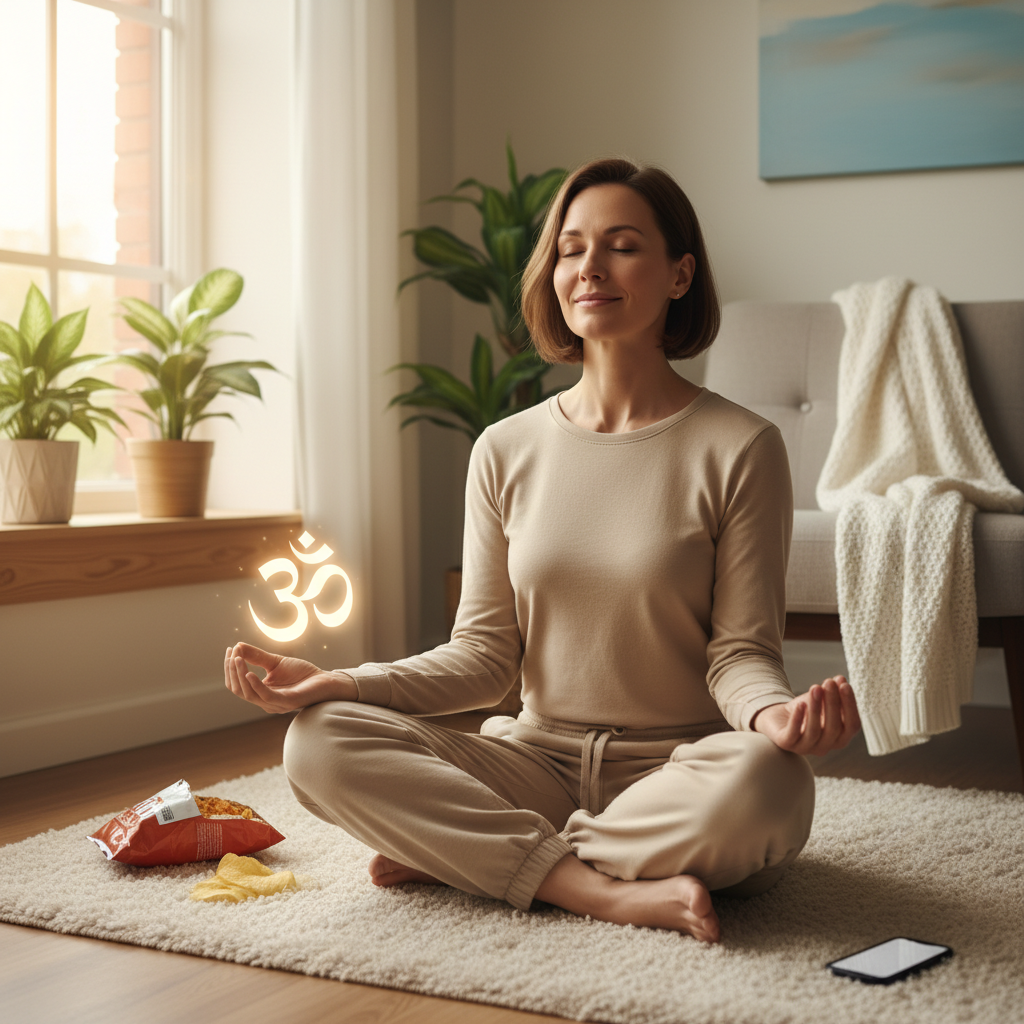 A step-by-step visual guide depicting the 8-step meditation routine: finding a calm spot, setting a timer, selecting a guide app, focusing on breath, body scan, managing mind wandering, visualizing a safe space, and returning slowly to awareness.