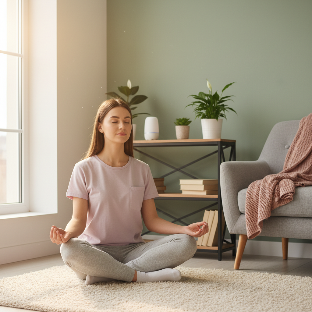 A brain graphic highlighting stress relief effects such as lowered cortisol levels and activation of the parasympathetic nervous system, accompanied by calming colors and symbols representing mental clarity and relaxation.