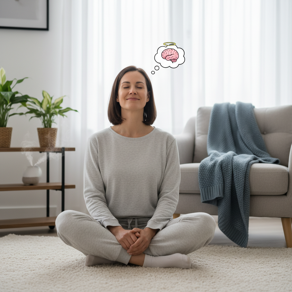 An illustration showing the benefits of guided meditation: reduced anxiety, enhanced emotional resilience, improved focus, better sleep, and a peaceful mind.