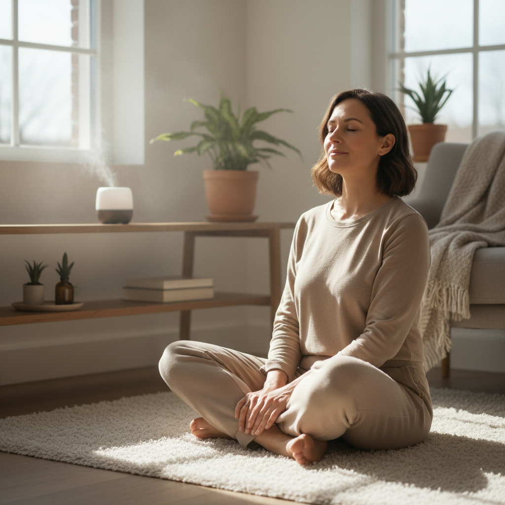 A step-by-step depiction of the guided meditation process: getting comfortable, breathing deeply, body awareness, visualizing a relaxing place, releasing stress, and gently returning to alertness.