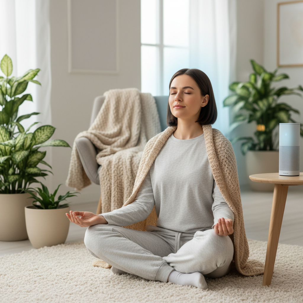 A calm and serene person sitting comfortably in a cozy, quiet space, eyes closed, practicing guided meditation to relieve stress.