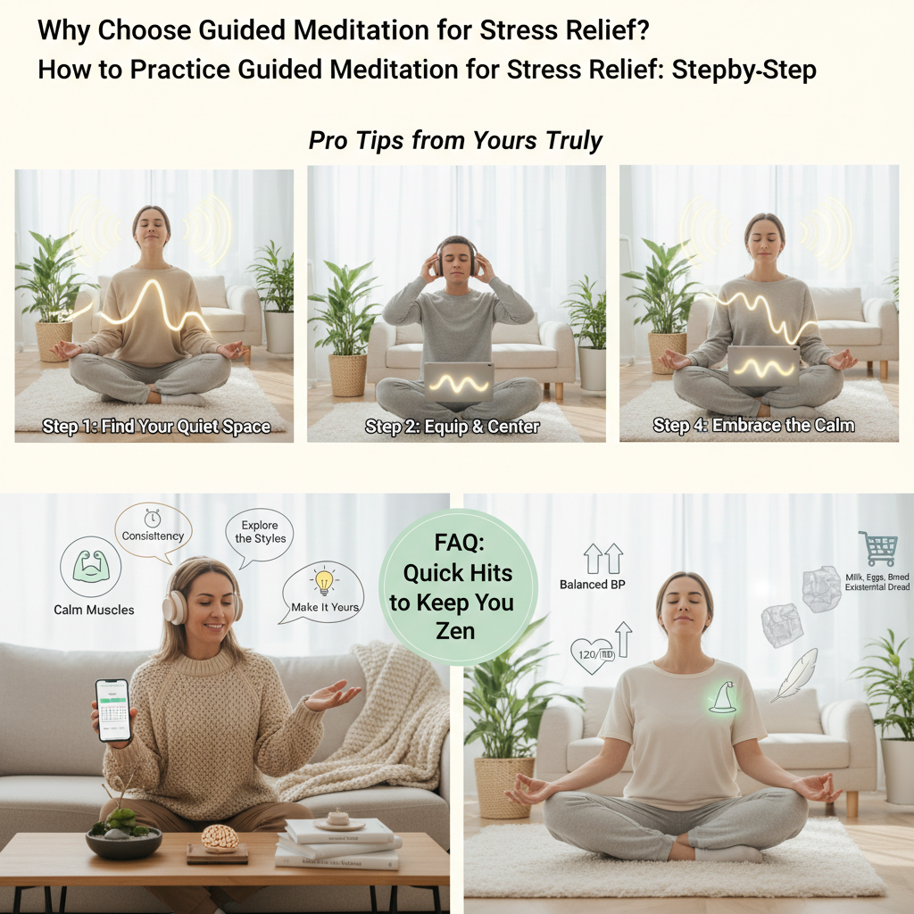 A step-by-step visual guide showing a person meditating in a quiet sanctuary, using headphones and following breathing techniques for 'How to Practice Guided Meditation for Stress Relief: Step-by-Step.'