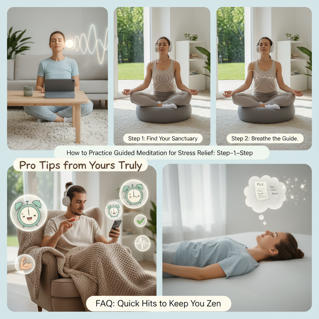 An illustration of a calm person sitting peacefully with a guiding voice symbolized as a soothing light or gentle voice waves, representing 'Why Choose Guided Meditation for Stress Relief?'