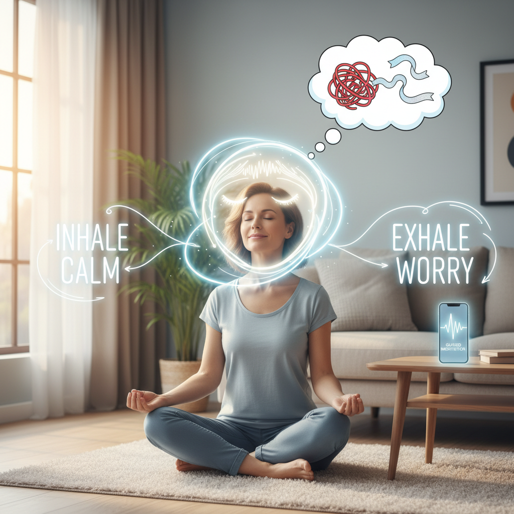 Step-by-step visual guide of a person in meditation: settling comfortably, breathing deeply, performing a body scan relaxation, visualizing a peaceful place, and slowly returning to awareness.