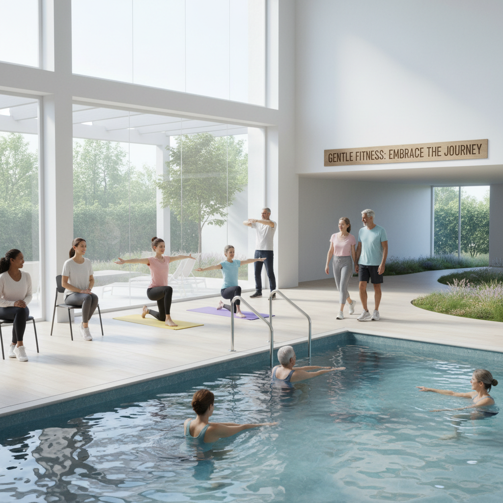 An illustrated collage or individual images of the best gentle fitness exercises: walking outdoors, a person practicing gentle yoga, swimming or water aerobics, and chair-based exercises with a focus on accessibility and low impact.