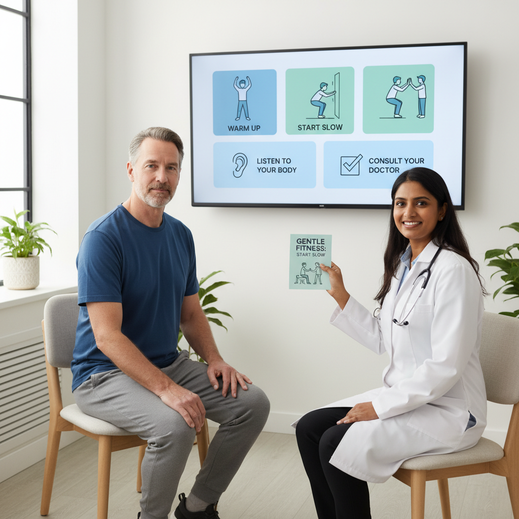 A comforting, safe setting where someone consults a doctor or uses proper form during exercise, emphasizing safety tips such as consulting healthcare providers, warming up, starting slowly, and listening to the body.