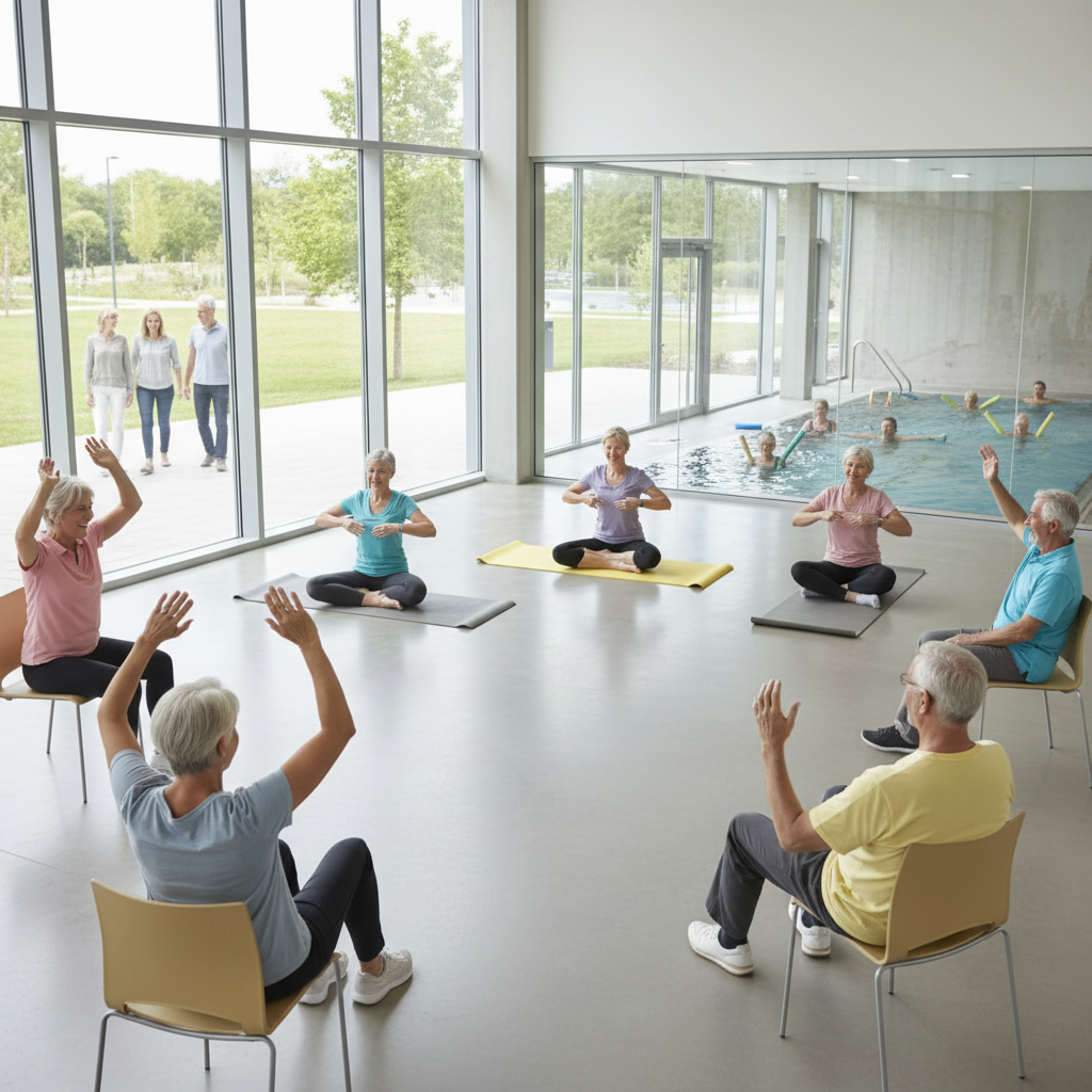 A step-by-step visual guide depicting the easy gentle fitness routine for beginners, including warm-up activities (marching in place, arm circles), main exercises (bodyweight squats, wall push-ups, seated leg lifts), and cool down stretches and relaxation.