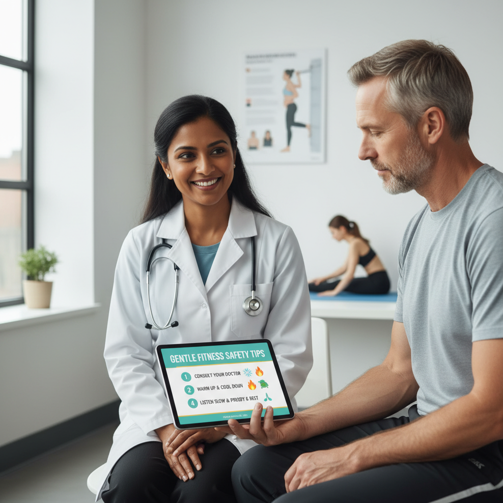 A calm, welcoming scene showing diverse people engaging in gentle fitness activities such as walking, yoga, swimming, and chair exercises to represent the introduction and benefits of gentle fitness.