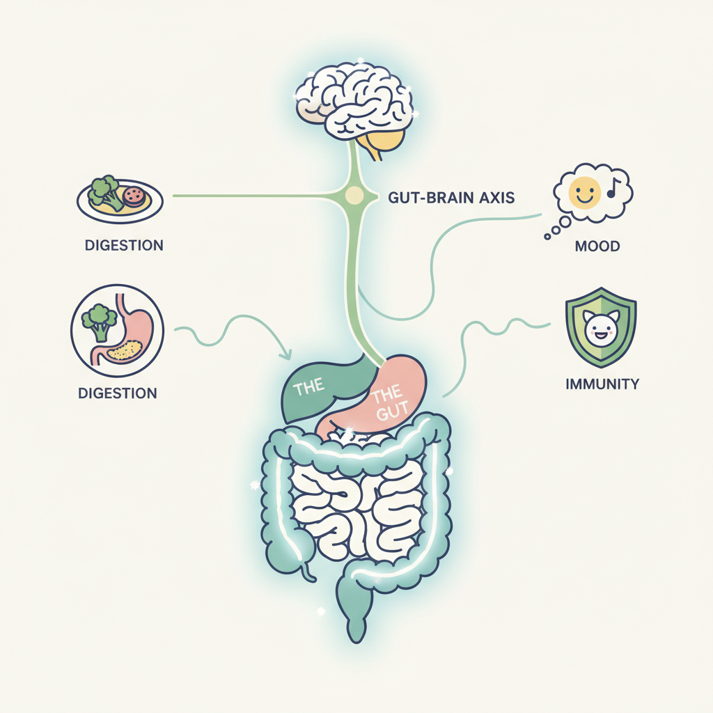 Graphic representation of key gut health concepts such as a diverse gut microbiome, probiotics from fermented foods, prebiotics from dietary fibers, and the gut-brain communication network.