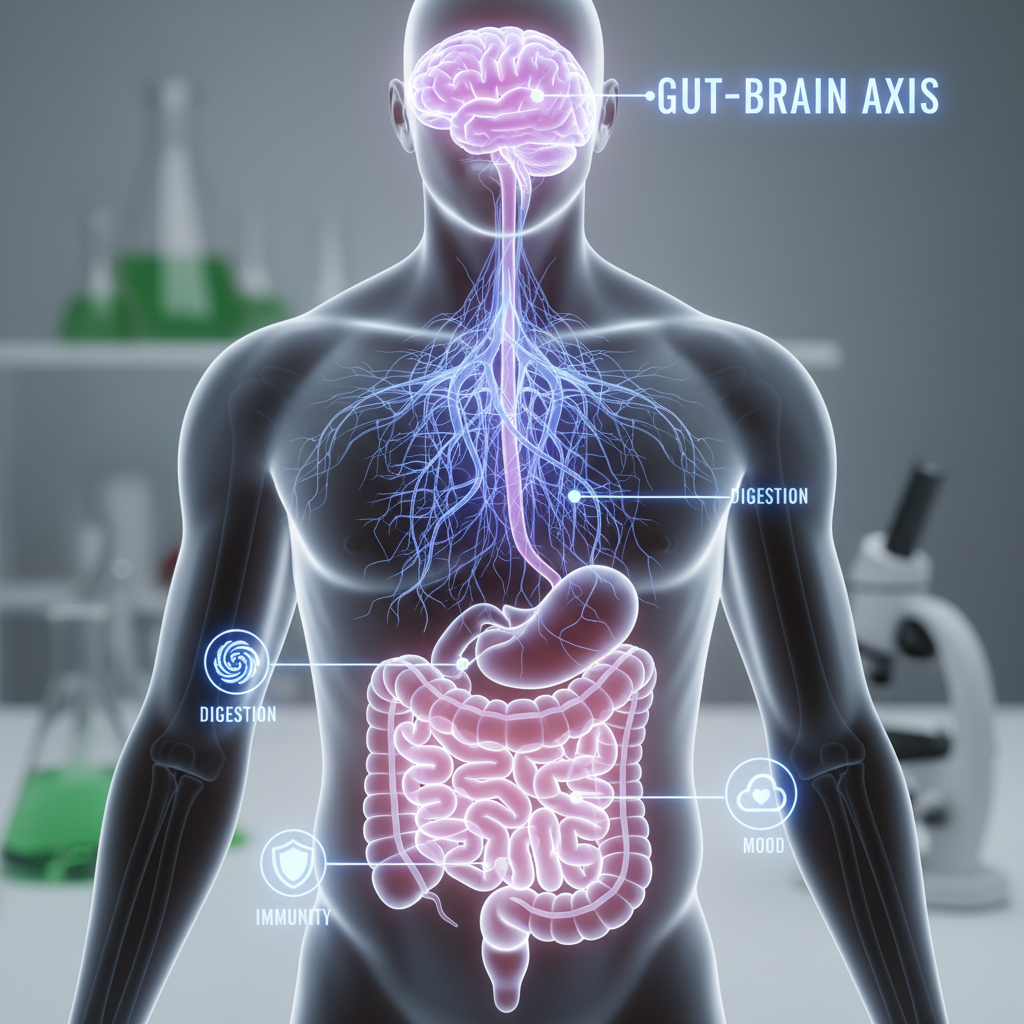 Creative metaphorical image showing a balanced and vibrant gut microbiome as a thriving garden or ecosystem, reflecting the personal insights on maintaining a balanced diet and nurturing the gut for overall health.
