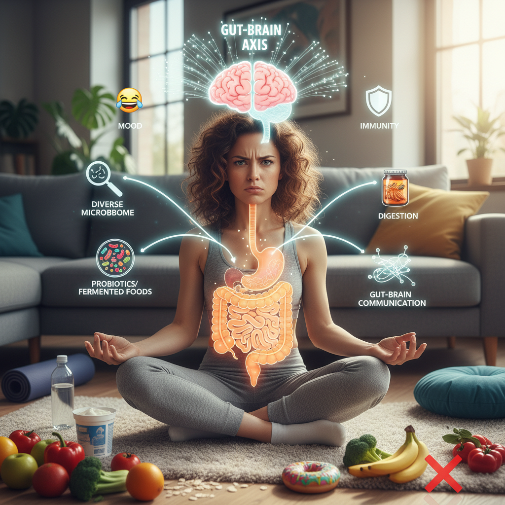 Illustration of the human digestive system highlighting the gut and the gut-brain axis connection, showing its impact on digestion, immunity, and mood.