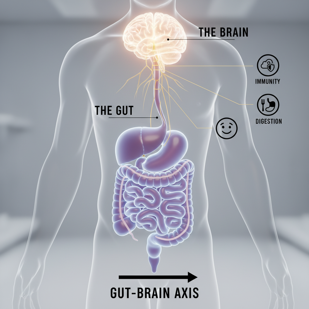 Visual of easy lifestyle habits to boost gut health, including a variety of colorful plant-based foods, fermented foods like yogurt and kimchi, hydration with water, stress management activities, and avoiding processed sugary foods.