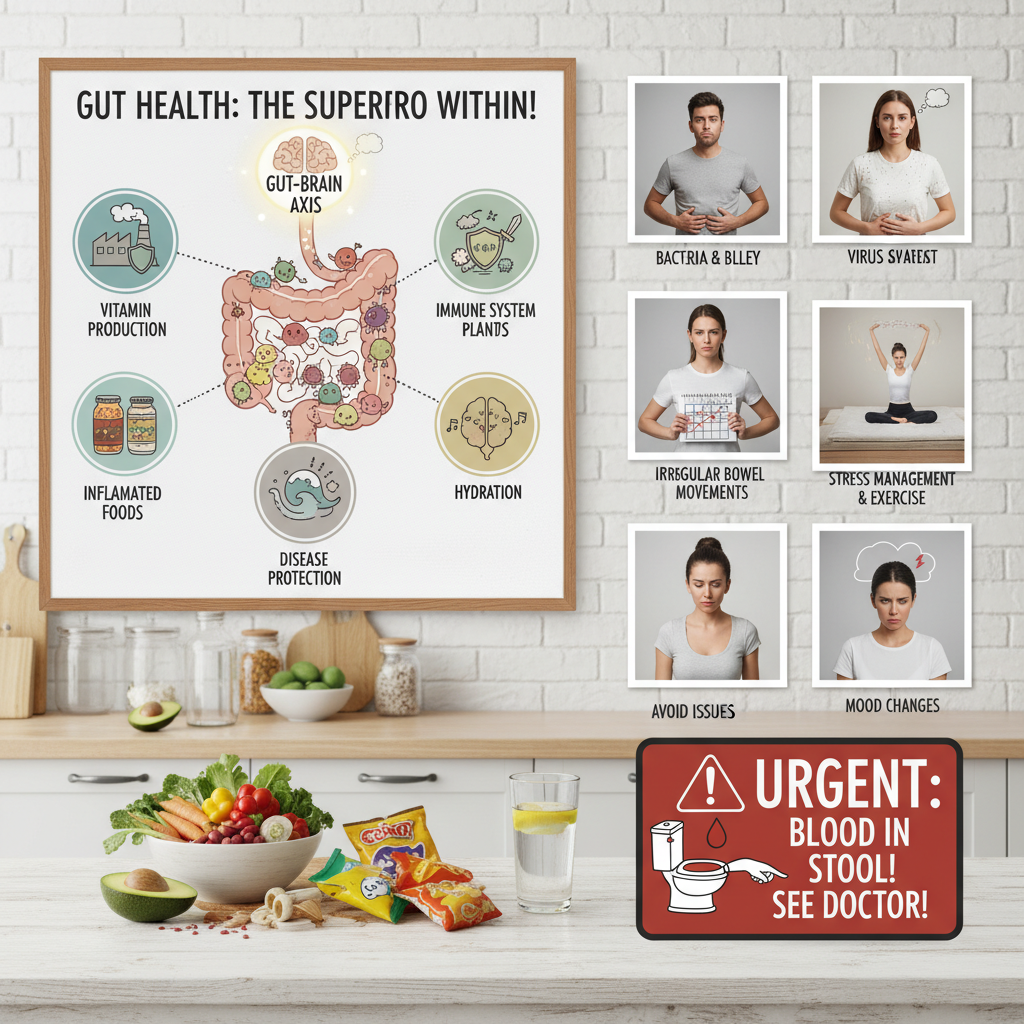 Infographic showing key functions of gut health: vitamin production, immune system housing, inflammation control, mood regulation, and disease protection