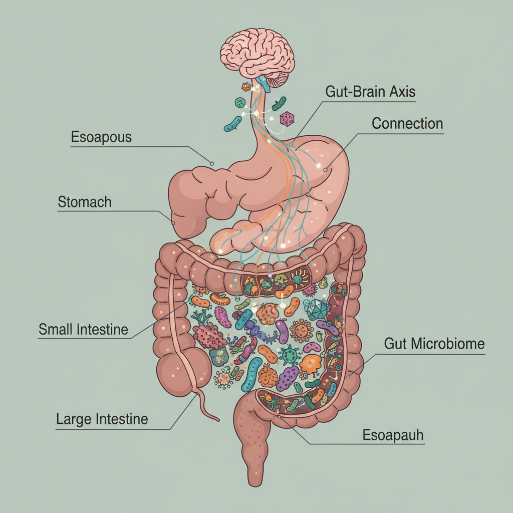 Illustration of the human digestive tract highlighting the gut microbiome with diverse microbes interacting and the gut-brain axis connection