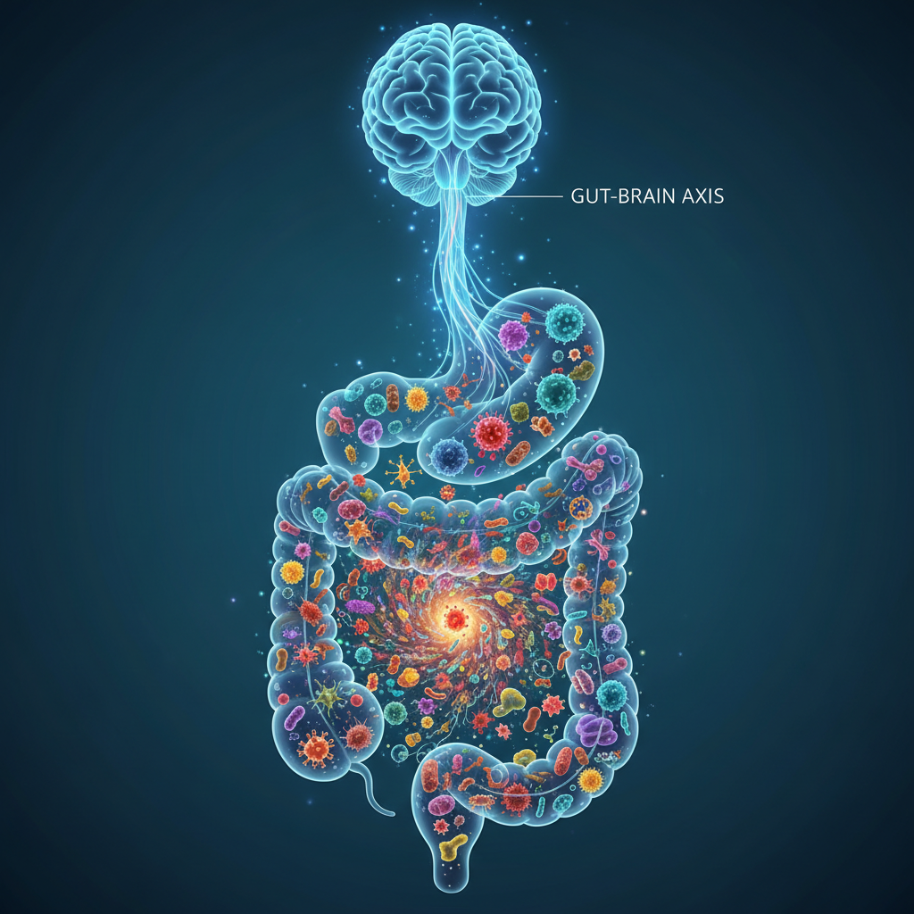 Visual representation of healthy lifestyle habits for improving gut health: fiber-rich foods, diverse plant-based diet, fermented foods, hydration, avoiding processed foods, stress management, sleep, and exercise