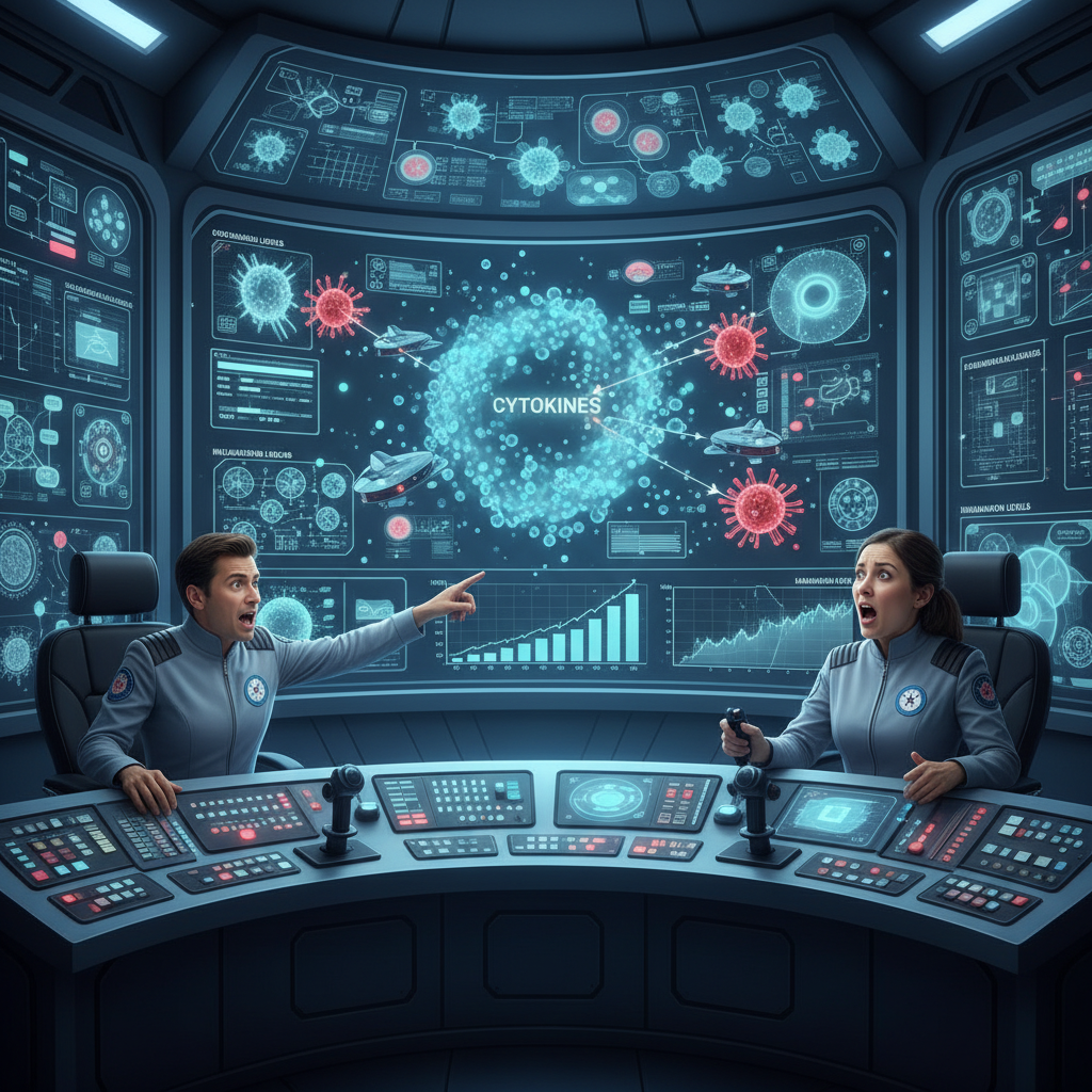 A scientific scene with an astronaut in space, emphasizing the importance of immune regulation in extreme environments, connected with imagery of stable energy, nutrient supply, and immune cells actively protecting the body.