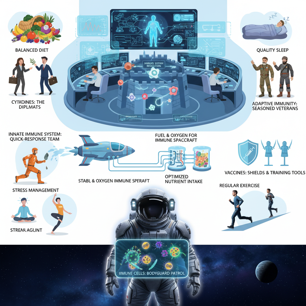 An infographic-style image showing key components of the immune system: cytokines as diplomats, innate immune system as a quick-response team, and adaptive immunity as seasoned veterans, alongside lifestyle factors like nutrition, sleep, exercise, and stress management depicted as fuel and oxygen for a spacecraft.