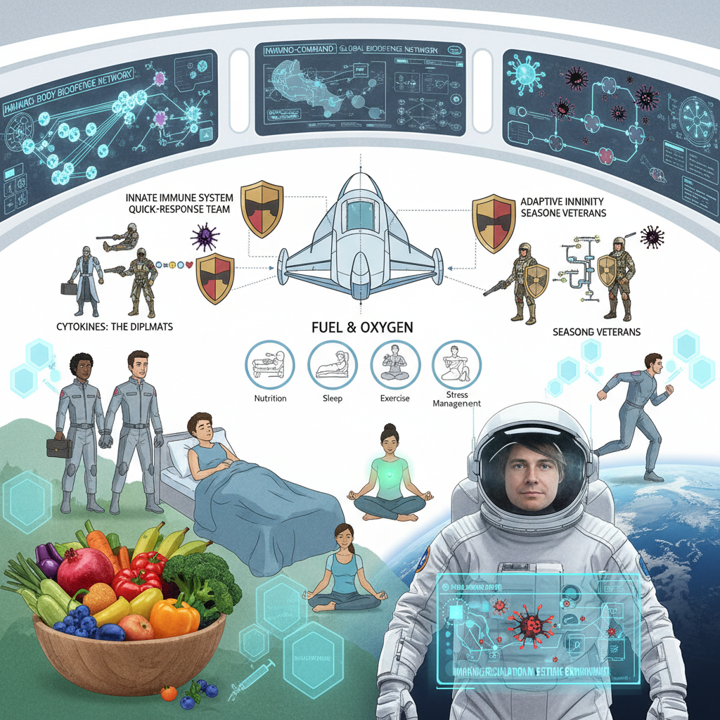 A futuristic mission control room with screens and controls symbolizing the body's immune system regulation, showing cytokines and T cells coordinating defense responses like a space agency.