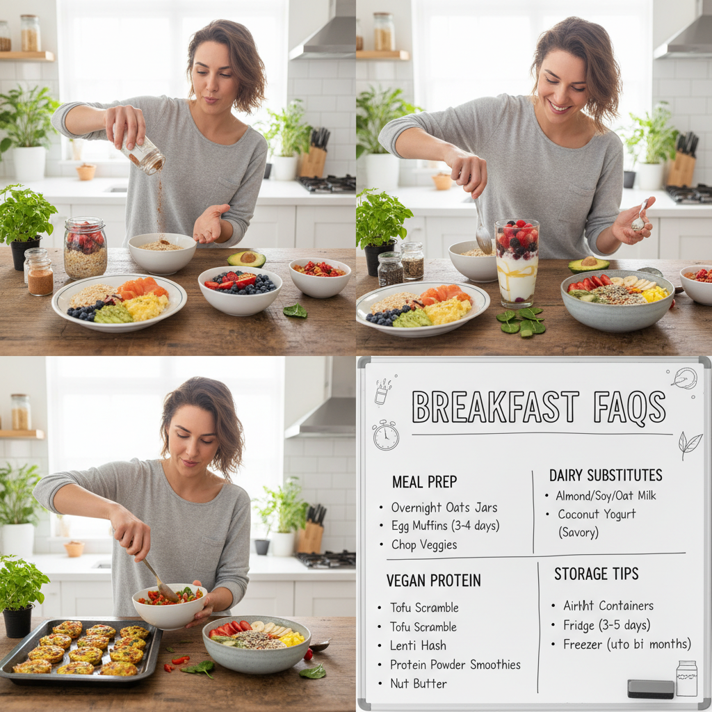 A vibrant and appetizing collage of nutritious and easy breakfast recipes including overnight oats with fruits, Greek yogurt parfait, veggie and cheese egg muffins, and smoothie bowls.