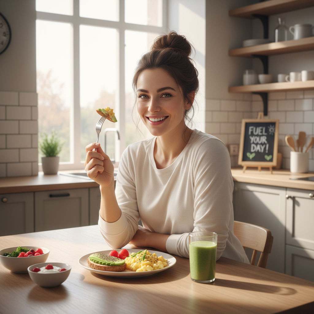 An infographic-style image answering common breakfast FAQ questions, including prepping meals ahead, dairy substitutes, vegan high-protein options, and storage tips.