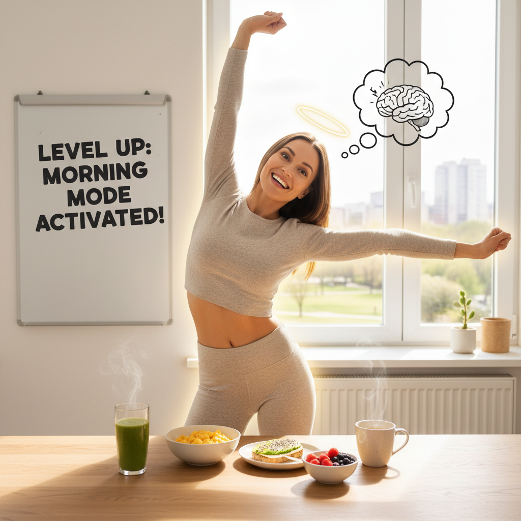 A kitchen scene with a variety of healthy breakfast tips being demonstrated, such as sprinkling cinnamon on oatmeal, mixing colorful veggies into egg muffins, and adding seeds to dishes.