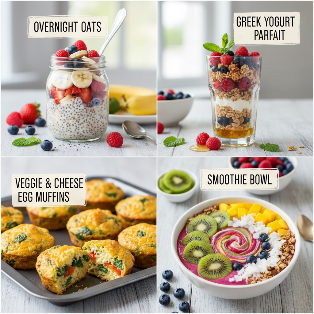 Illustration showing the importance of a healthy breakfast, featuring a balanced meal with protein, fiber, and healthy fats, and a happy person energized in the morning.