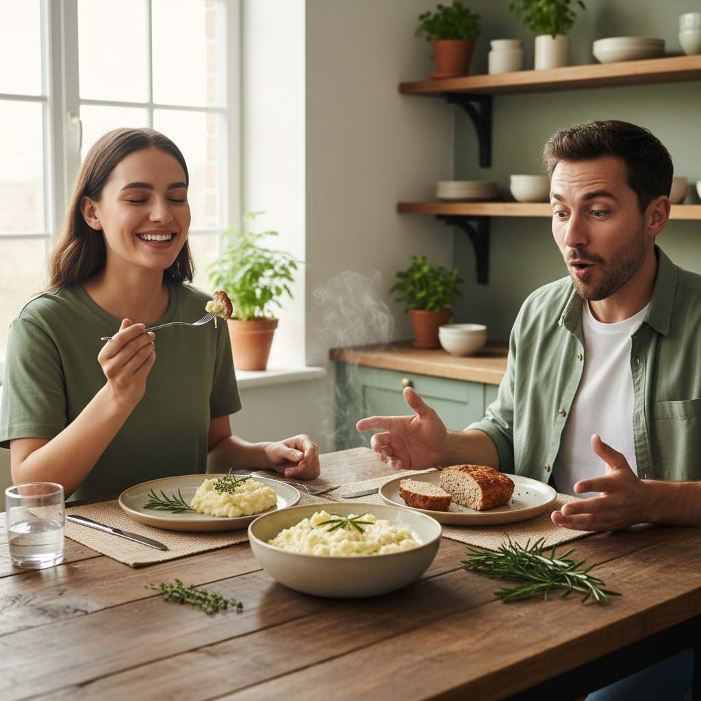 A plated serving of Turkey Meatloaf with creamy Cauliflower Mash, garnished with fresh herbs, highlighting the healthy twist on a classic comfort dish.
