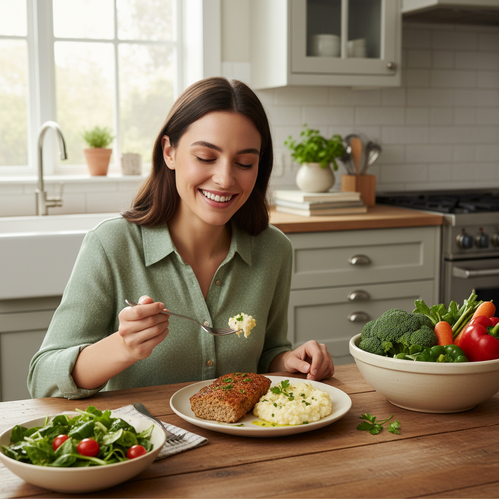 An inviting, cozy kitchen scene showcasing a warm, healthy comfort food meal being enjoyed, emphasizing nourishing and flavorful eating.