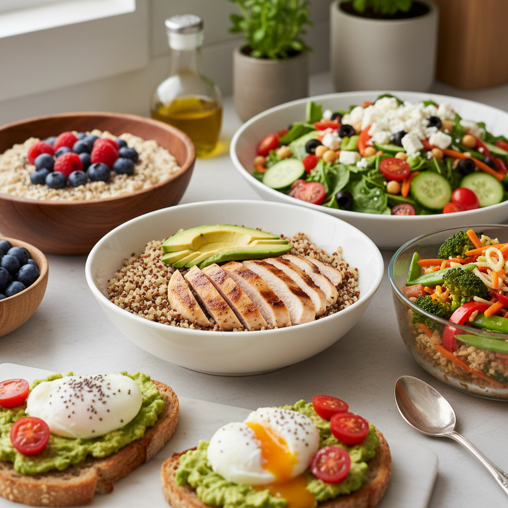 A visual guide of easy ways to boost nutrition: whole grain foods like brown rice and quinoa, fresh fruits and vegetables, lean proteins such as grilled chicken and tofu, herbs and spices replacing salt and sugar, healthy fats like avocado and olive oil, meal prepping with containers of chopped veggies and grains, and a glass of water symbolizing hydration.