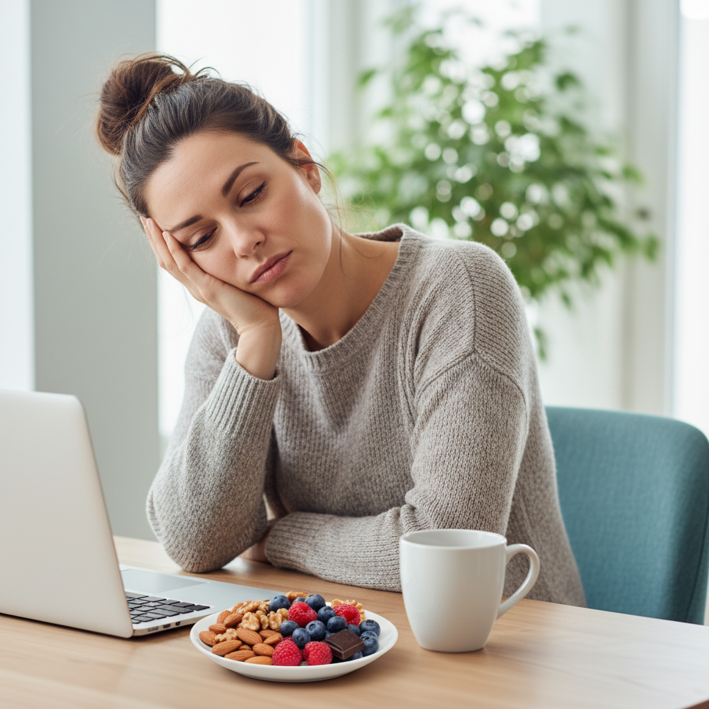 A vibrant, colorful assortment of brain-boosting snacks arranged appealingly: nuts and seeds, berries, Greek yogurt parfait, dark chocolate squares, whole grains, avocado toast, and leafy green veggies