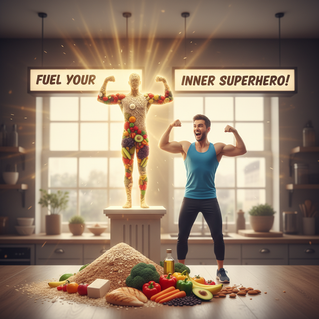 A cozy kitchen scene showing personal healthy eating habits: someone adding nuts or seeds to a salad, meal prepping containers ready for the week, and a reminder note about making small sustainable nutritious steps, illustrating maintaining a fun, varied, and practical approach to healthy eating.