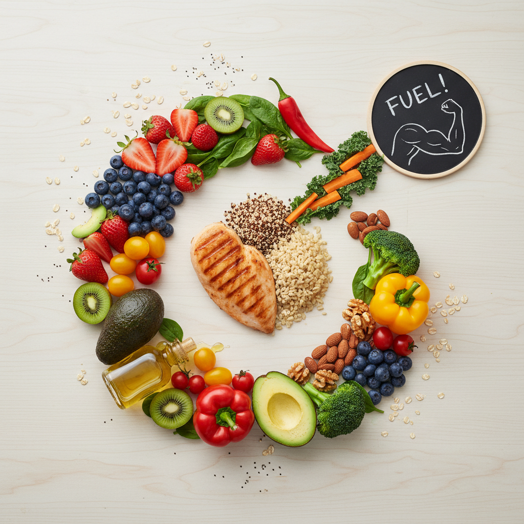 An illustration showing the importance of healthy eating: a colorful variety of fresh whole grains, fruits, vegetables, lean proteins, and healthy fats arranged appealingly, symbolizing balanced nutrition for optimum body performance.