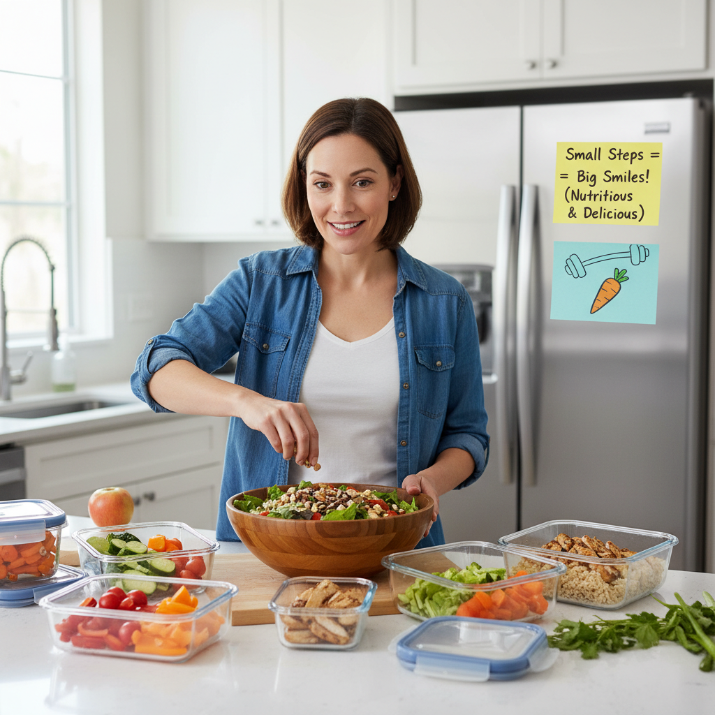 A vibrant and appetizing display of healthy meal ideas: a quinoa bowl with grilled chicken and avocado, a colorful veggie stir-fry over brown rice, a bowl of oatmeal topped with berries and chia seeds, a Mediterranean salad with chickpeas and feta, and avocado toast with poached eggs and cherry tomatoes.