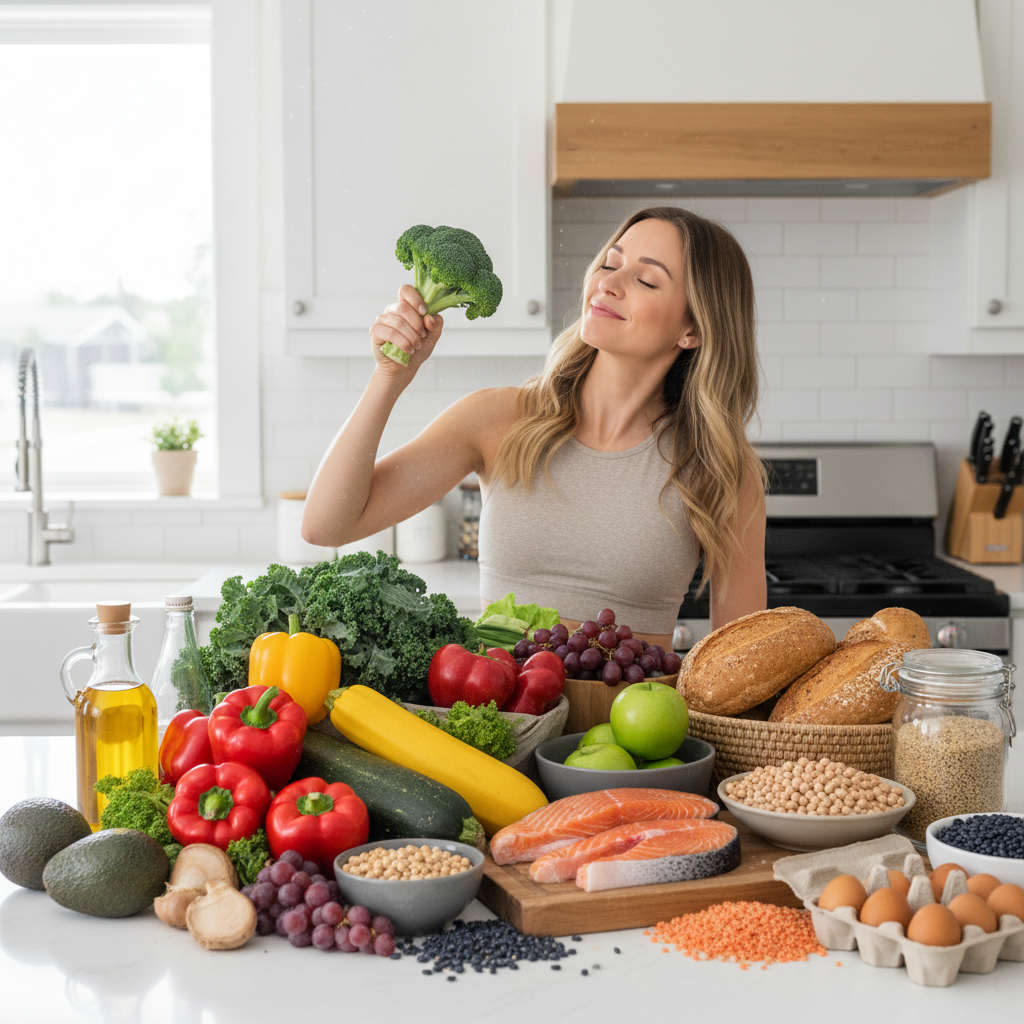 A cultural food collage featuring Mediterranean dishes with olive oil, fresh vegetables, nuts, and fish alongside Asian cuisine elements like fresh vegetables and minimally processed grains, highlighting diverse cultural approaches to clean eating.