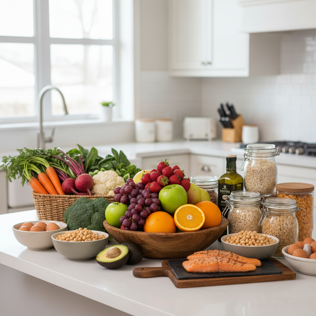 A vibrant kitchen scene showing a variety of fresh, whole foods like colorful fruits, vegetables, whole grains, lean proteins (fish, beans, eggs), and healthy fats (avocado, olive oil) arranged appealingly, representing the concept of clean eating.