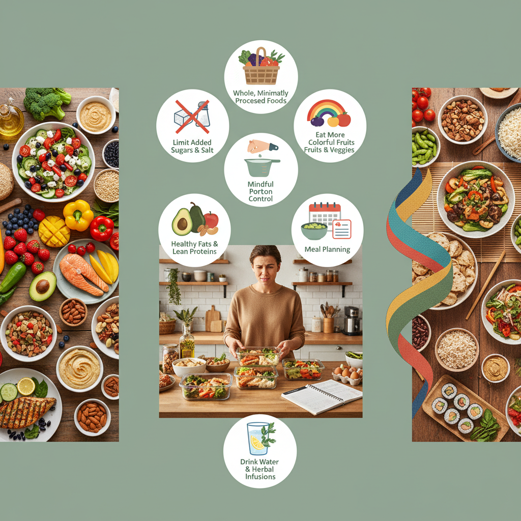 A cozy home kitchen setting with someone preparing meals, showcasing meal prepping containers with clean, healthy food portions, healthy snacks nearby, and a planner or grocery list on the side, representing personal tips for staying on track with clean eating.