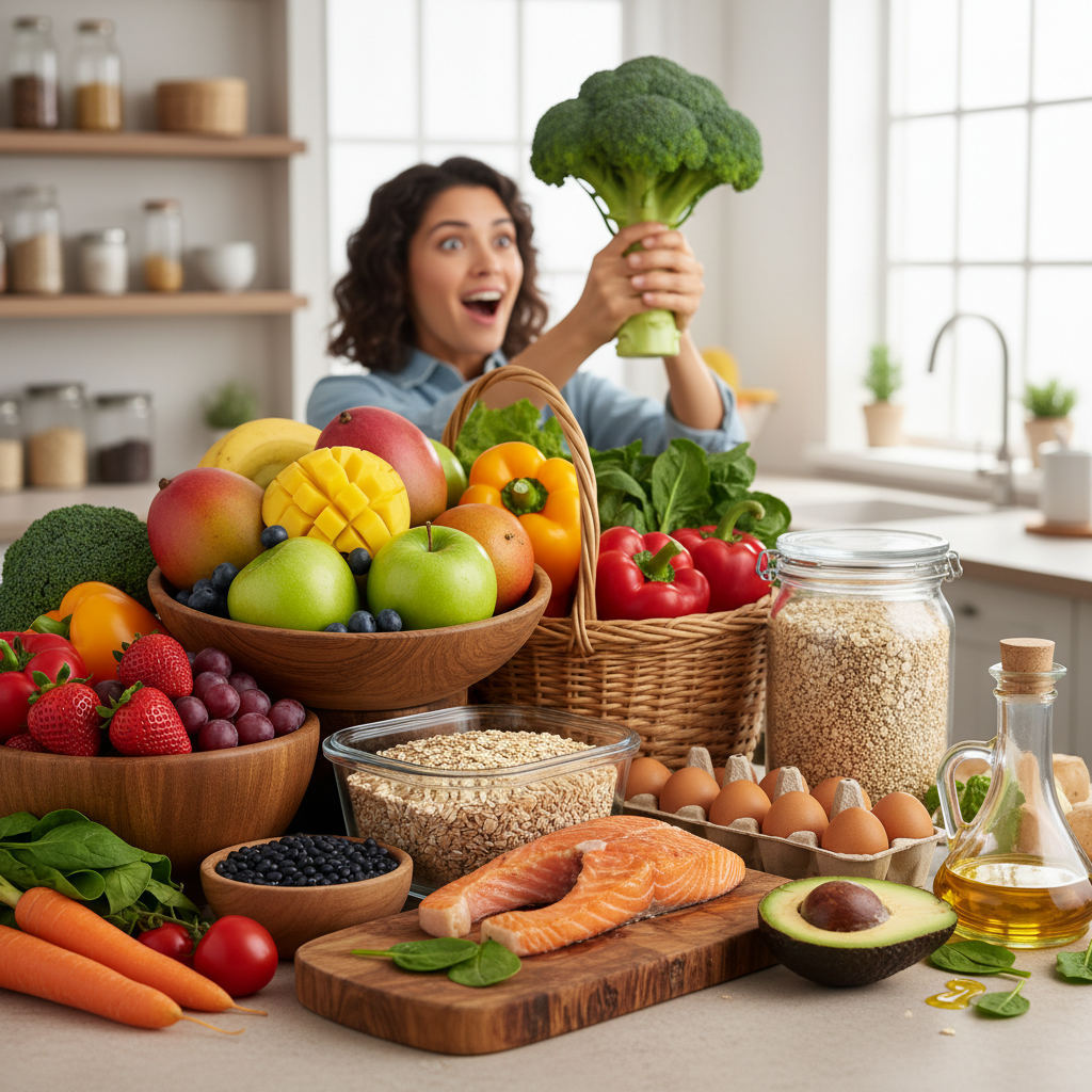 An illustrated infographic style image depicting daily clean eating tips: whole minimally processed foods, limiting added sugars and salt, eating more colorful fruits and vegetables, choosing healthy fats and lean proteins, mindful portion control, meal planning, and drinking water with herbal infusions.