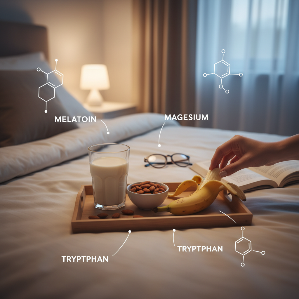 A vibrant and appetizing display of the top healthy evening snacks: banana with almond butter, tart cherry and pistachio yogurt parfait, overnight cherry oats, date nut bites, and baked banana oatmeal cups, styled in an inviting way to highlight their ingredients and sleep-promoting qualities.