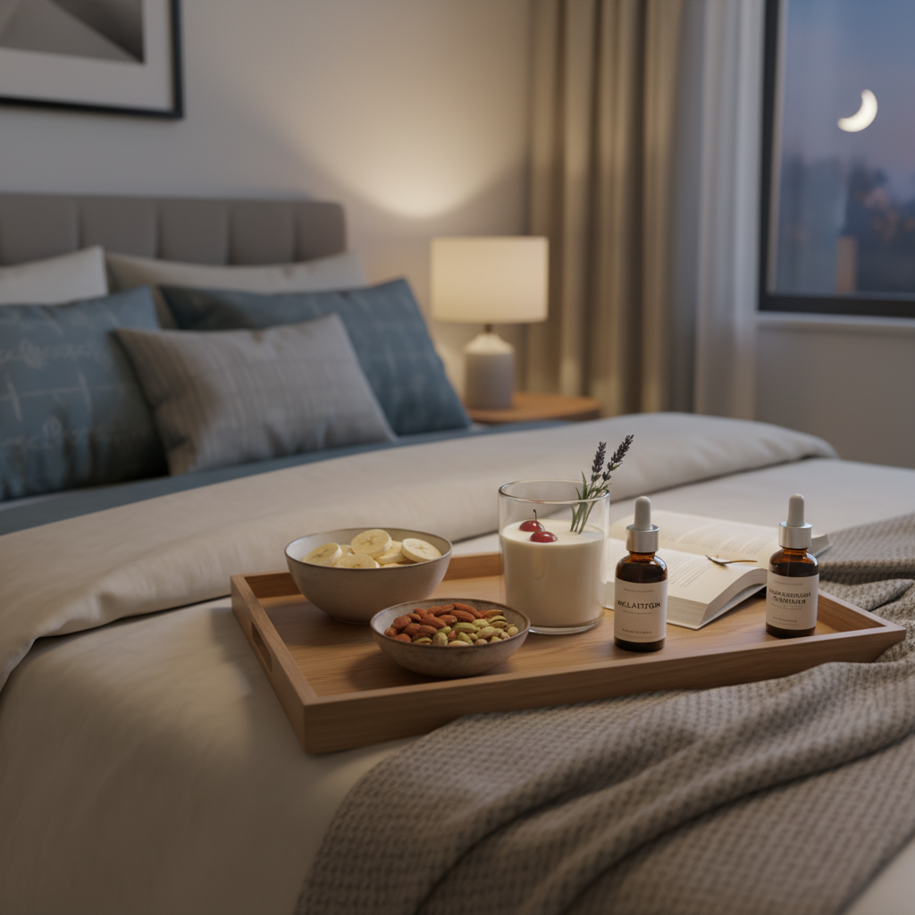 A soothing, cozy image representing the concept of healthy evening snacks promoting sleep, featuring calming elements like melatonin, magnesium, and tryptophan with a peaceful bedtime setting.
